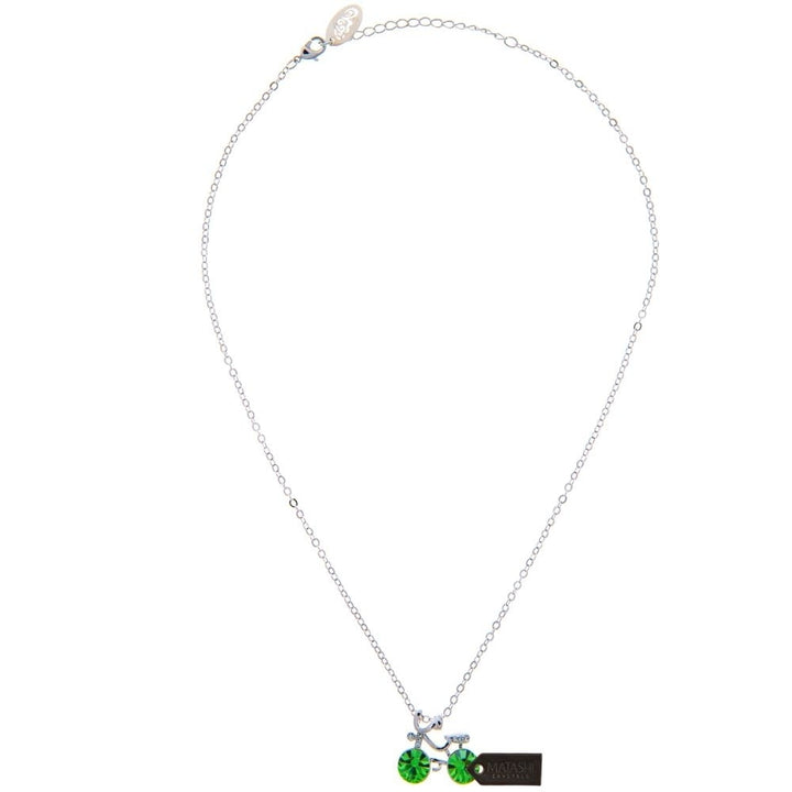 Rhodium Plated Necklace with Bicycle Design with a 16" Extendable Chain and fine Olive Green Crystals by Matashi Image 3