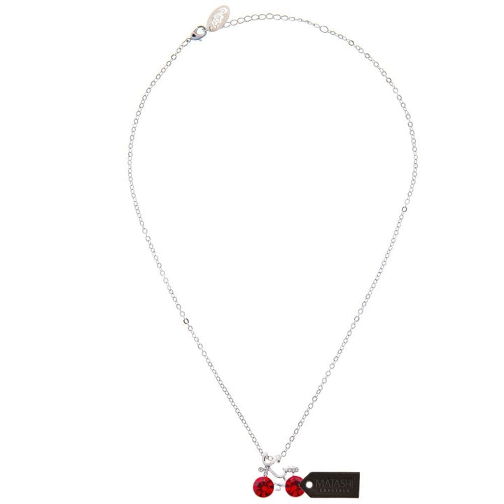 Rhodium Plated Necklace with Bicycle Design with a 16" Extendable Chain and fine Red Crystals by Matashi Image 3