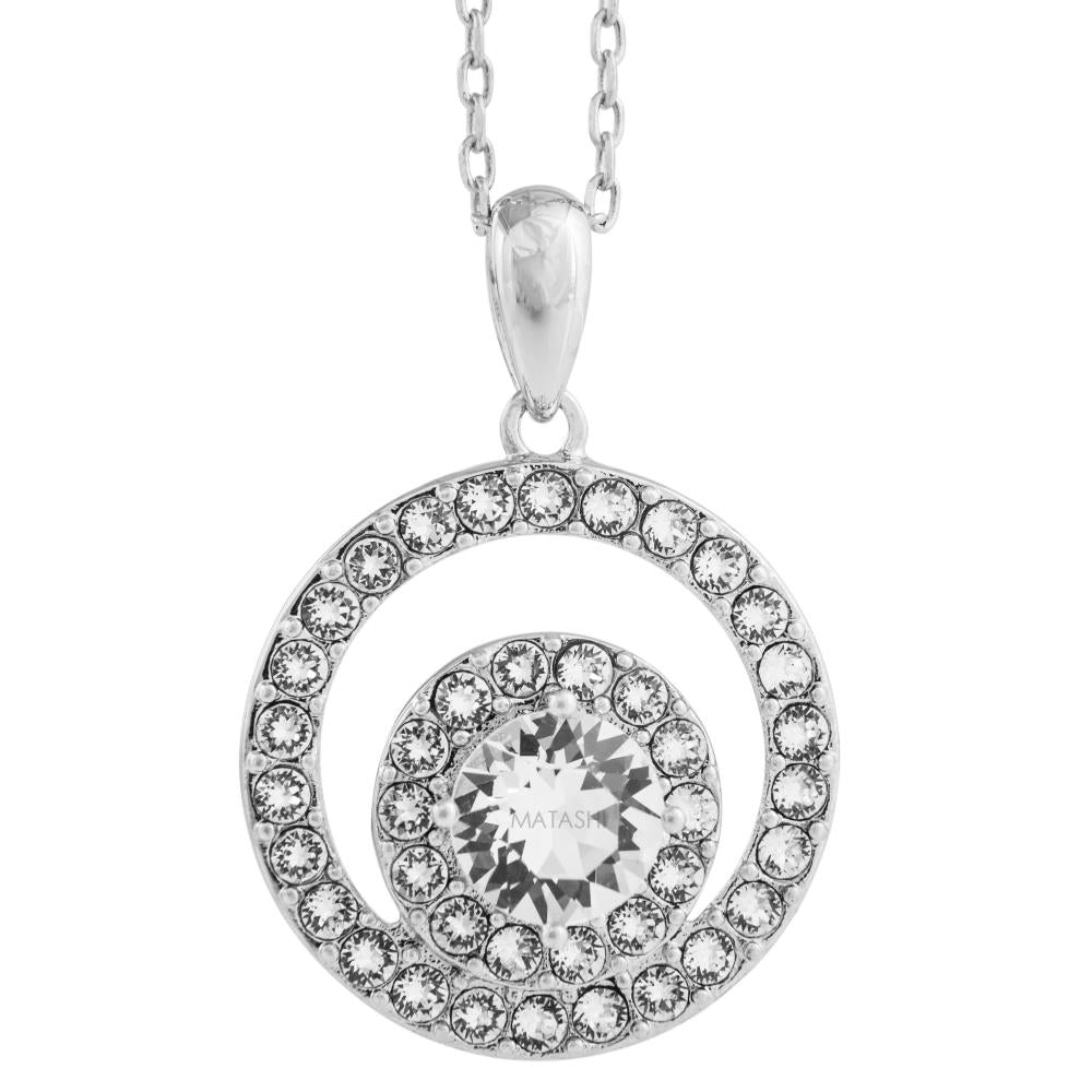 18k White Gold Plated Necklace with Concentric Double Circle Design with a 16" Extendable Chain Made with fine Crystals Image 2