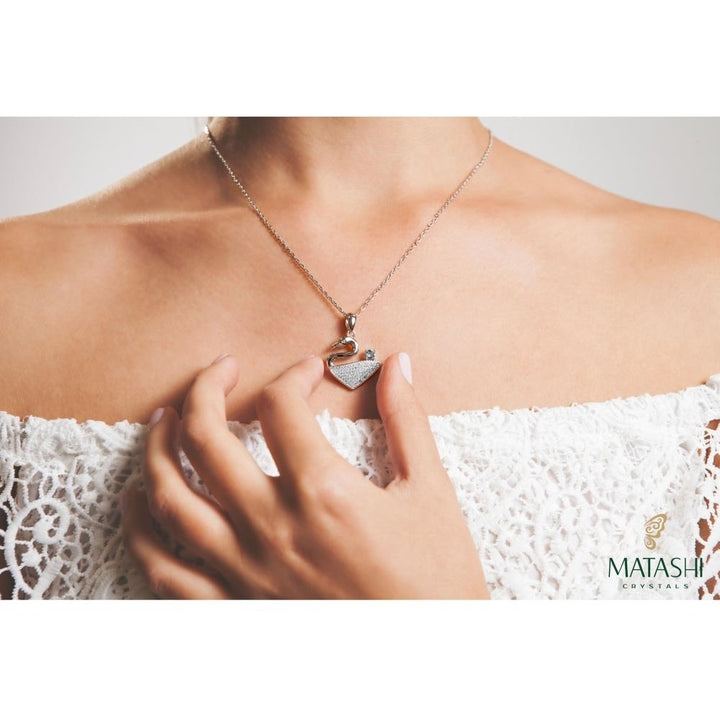 18K White Gold Plated Necklace with a Graceful Swan Design 16" Extendable Chain and fine Crystals by Matashi Image 3