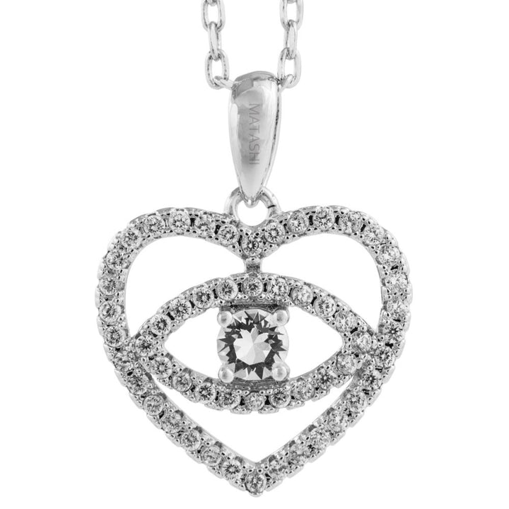 18K White Gold Plated Necklace with Eye Love You Design with a 16" Extendable Chain and fine Crystals by Matashi Image 2