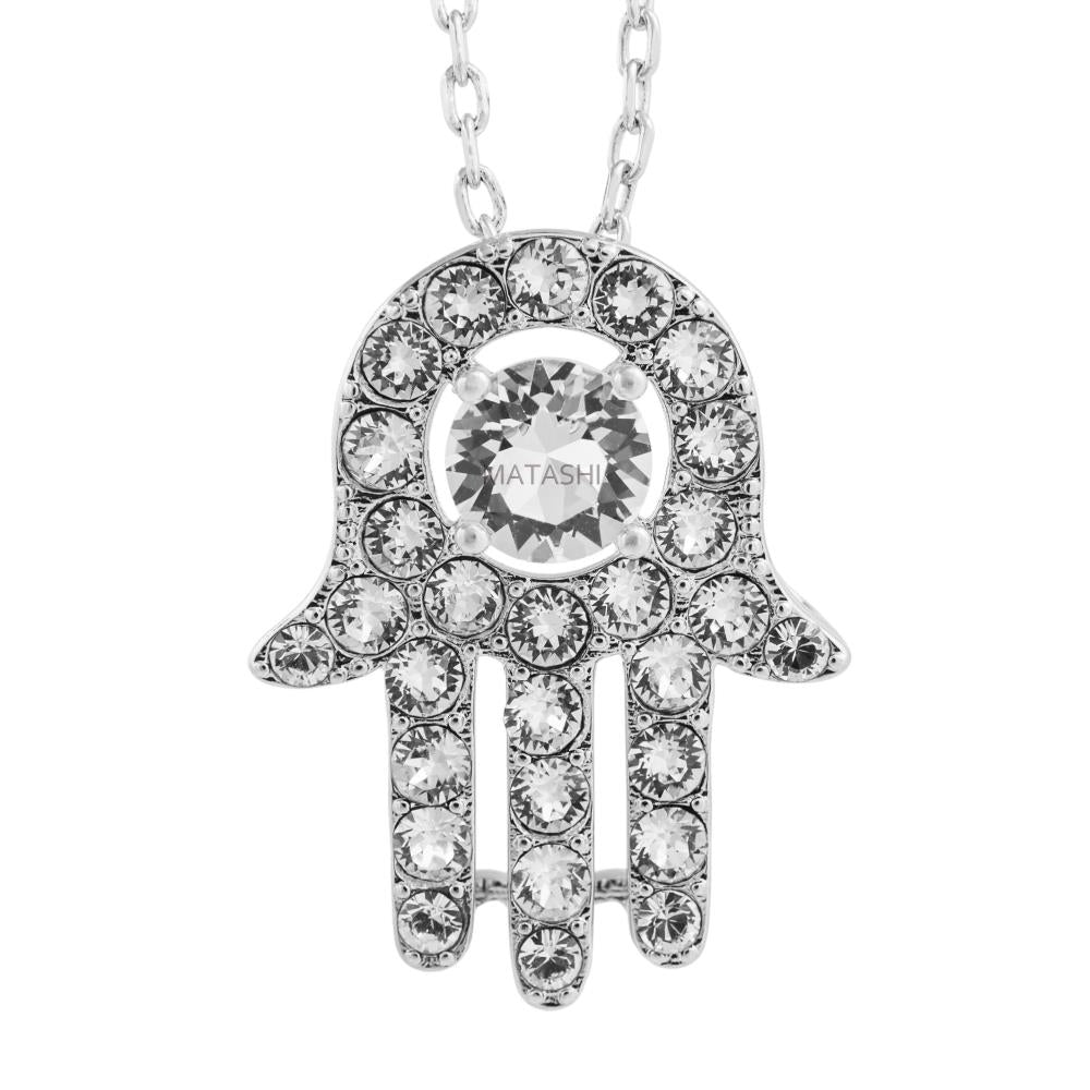 18K White Gold Plated Necklace with Hamsa (Hand of Fatima) Design with a 16" Extendable Chain and fine Crystals by Image 2