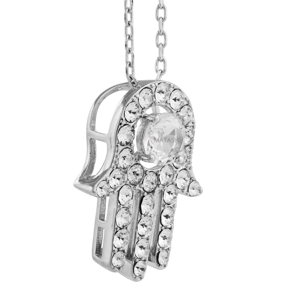 18K White Gold Plated Necklace with Hamsa (Hand of Fatima) Design with a 16" Extendable Chain and fine Crystals by Image 3