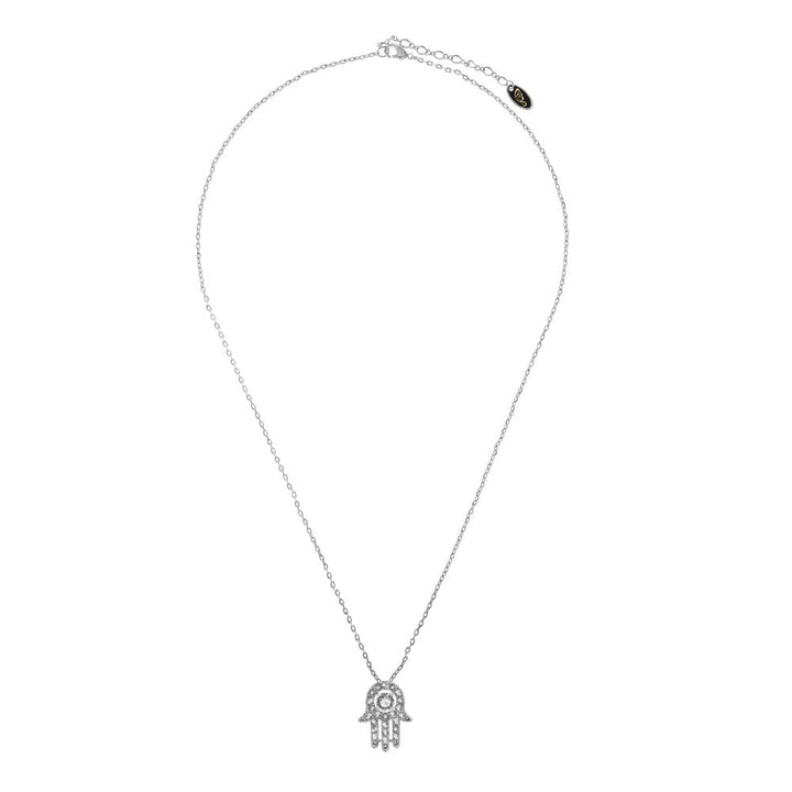 18K White Gold Plated Necklace with Hamsa (Hand of Fatima) Design with a 16" Extendable Chain and fine Crystals by Image 4