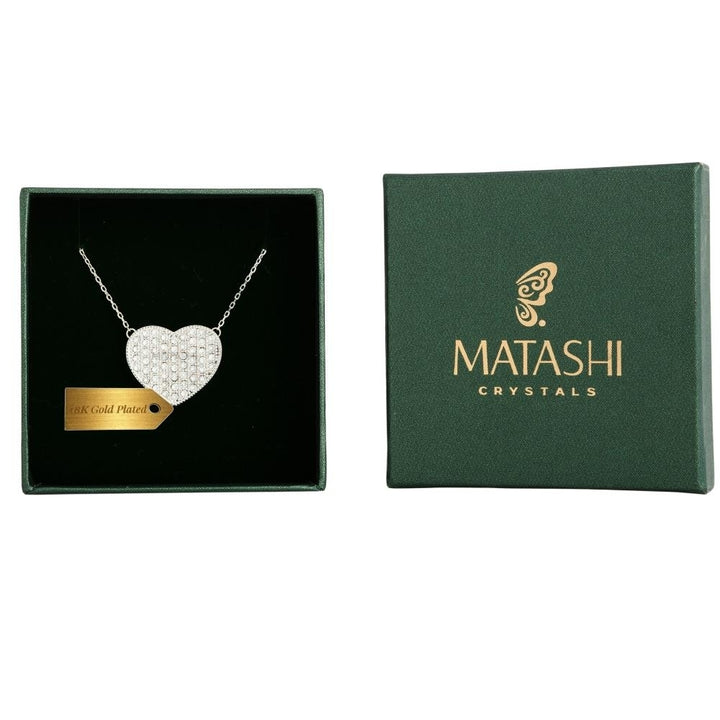 18K White Gold Necklace with Crystal Encrusted Heart Design with a 16" Extendable Chain and fine Crystals by Matashi Image 1