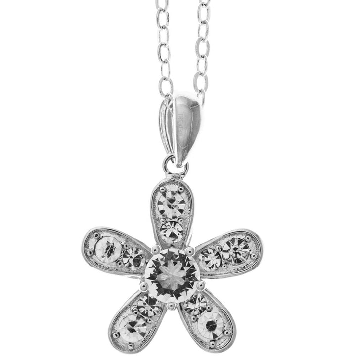 18K White Gold Plated Necklace with Delicate 5 Petalled Flower Design with a 16" Extendable Chain and fine Crystals by Image 1