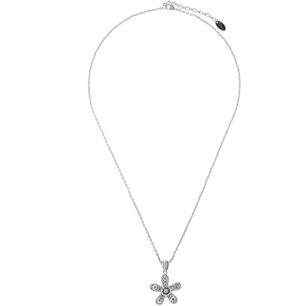 18K White Gold Plated Necklace with Delicate 5 Petalled Flower Design with a 16" Extendable Chain and fine Crystals by Image 2