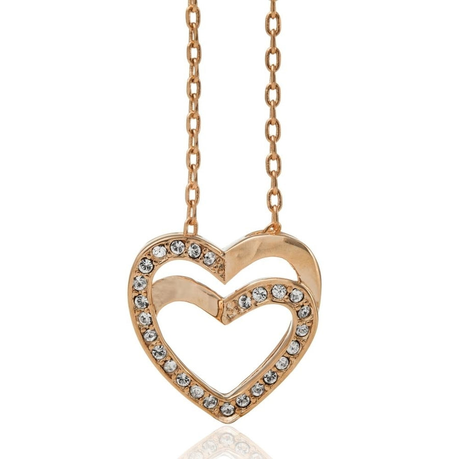 Rose Gold Plated Double Heart Pendant Necklace With Sparkling Clear Crystals By Matashi Image 1