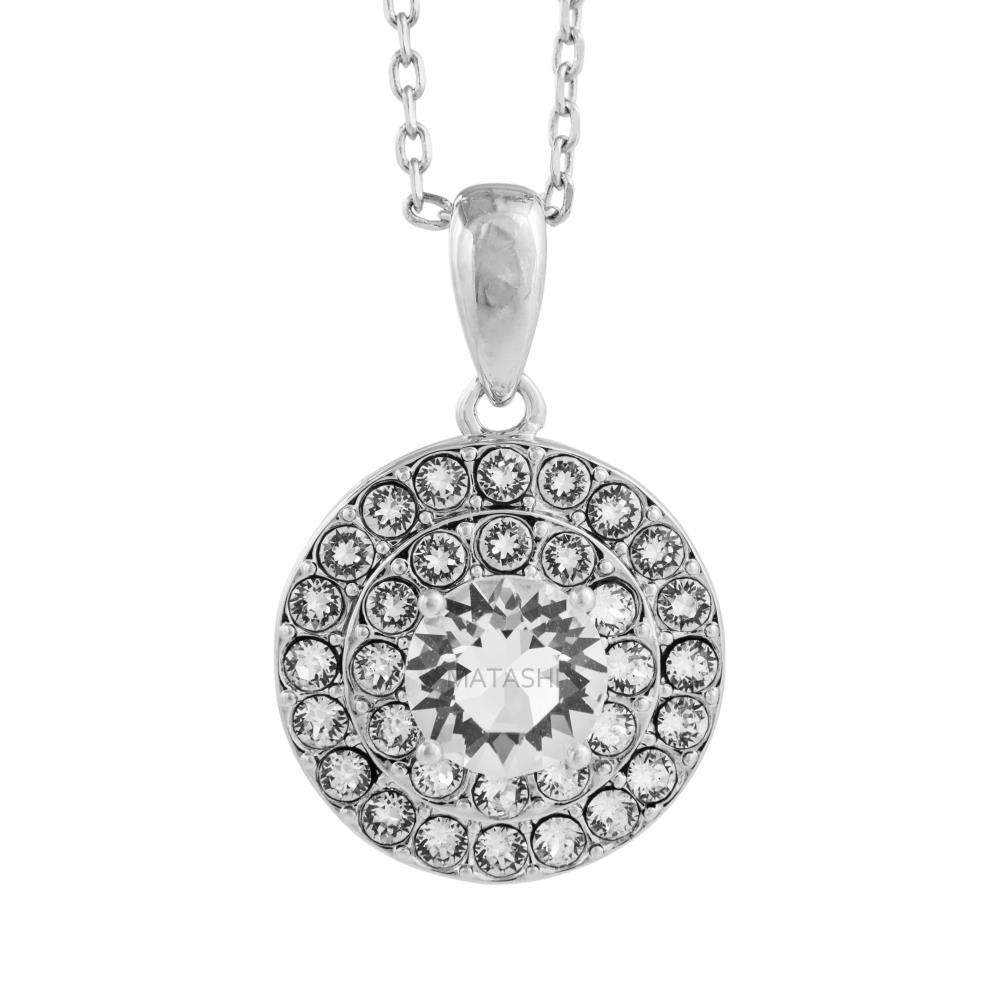 18K White Gold Plated Necklace with Three Concentric Circles Design with a 16" Extendable Chain and fine Crystals by Image 2