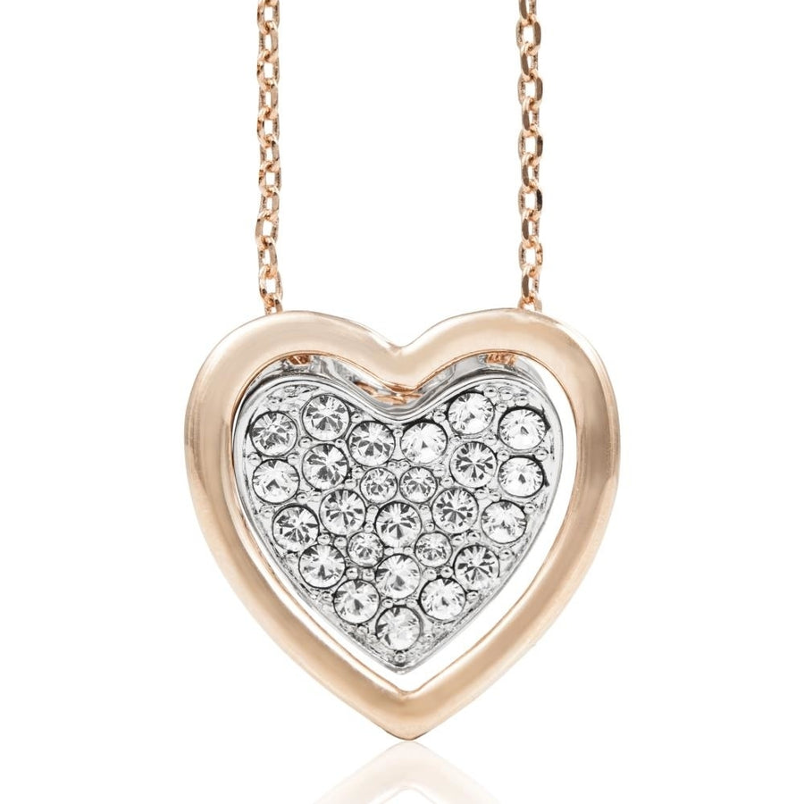 Rose and White Gold Plated Heart Pendant Necklace With Sparkling Clear Crystals by Matashi Image 1