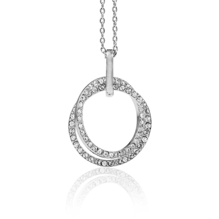 18K White Gold Plated Double Circle Pendant Necklace With Sparkling Clear Crystals by Matashi Image 1