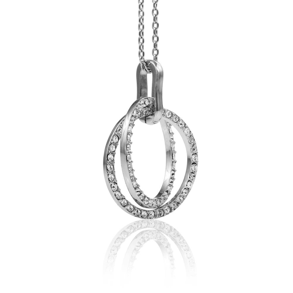 18K White Gold Plated Double Circle Pendant Necklace With Sparkling Clear Crystals by Matashi Image 2