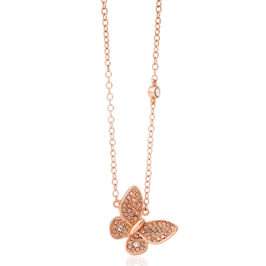 Rose Gold Plated Butterfly Pendant Necklace with Sparkling Rose Gold Crystals by Matashi Image 1