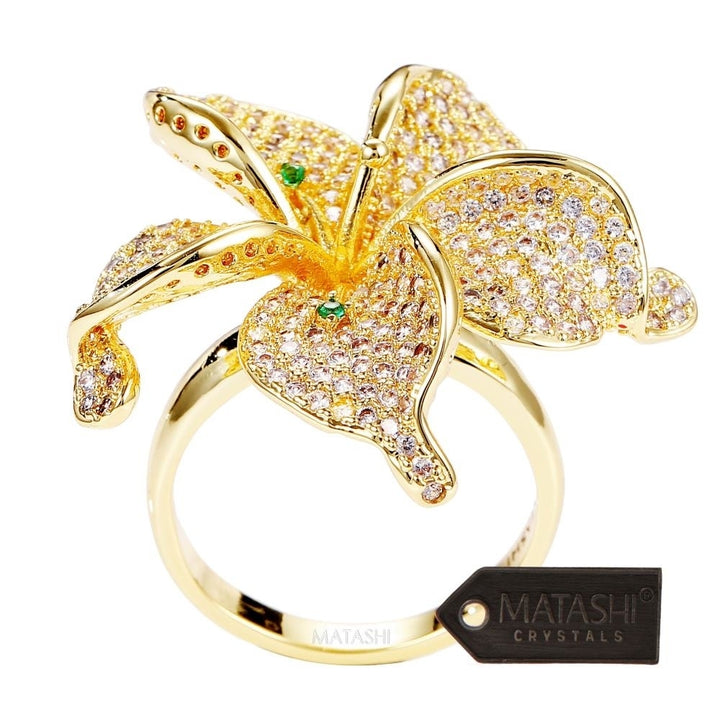 Cubic Zirconium Flower ring for Women Gold-Plated w/ Clear and Green Crystals Size 7 Image 2