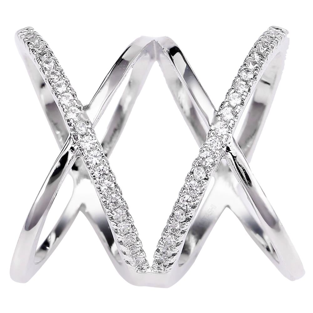 Rhodium Plated Crisscross Design Luxury Ring With CZ Stones Size 6 By Matashi Image 2