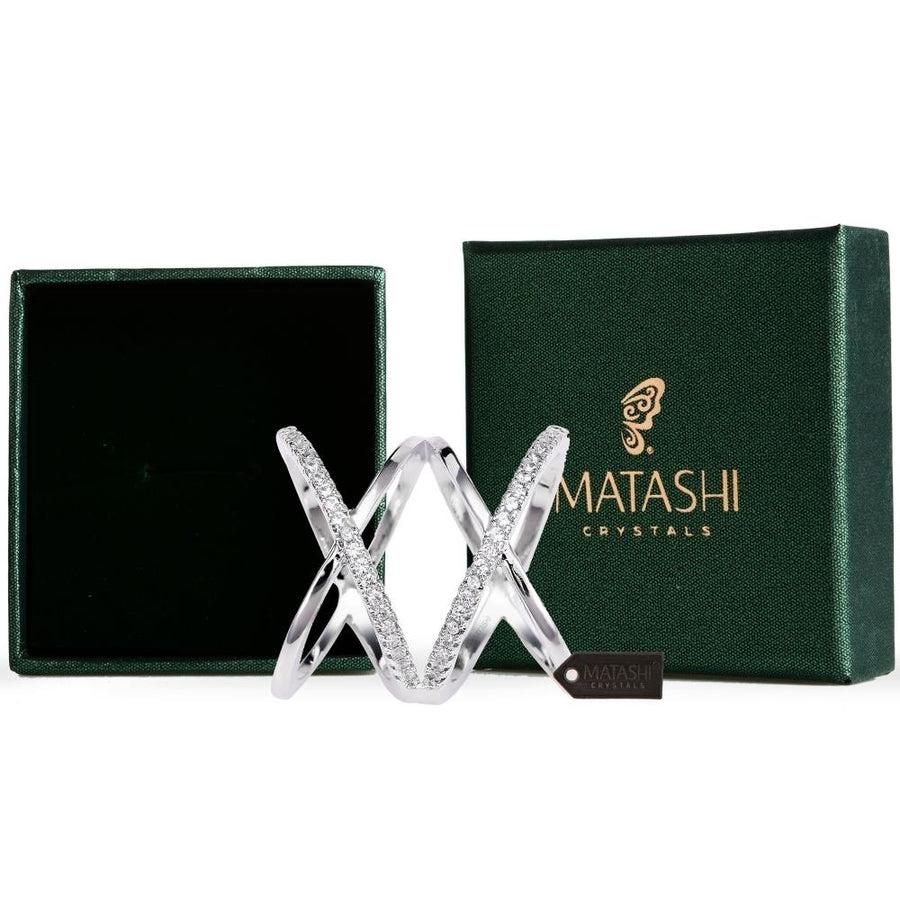 Rhodium Plated Crisscross Design Luxury Ring With CZ Stones Size 5 By Matashi Image 1
