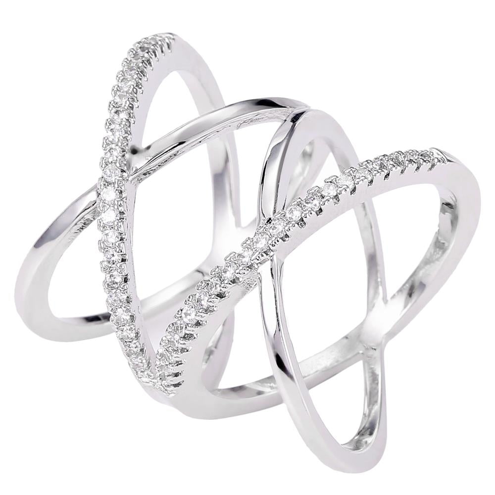 Rhodium Plated Crisscross Design Luxury Ring With CZ Stones Size 6 By Matashi Image 3