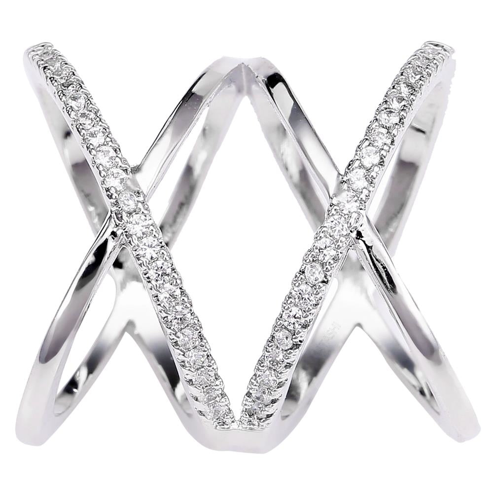 Rhodium Plated Crisscross Design Luxury Ring With CZ Stones Size 5 By Matashi Image 2