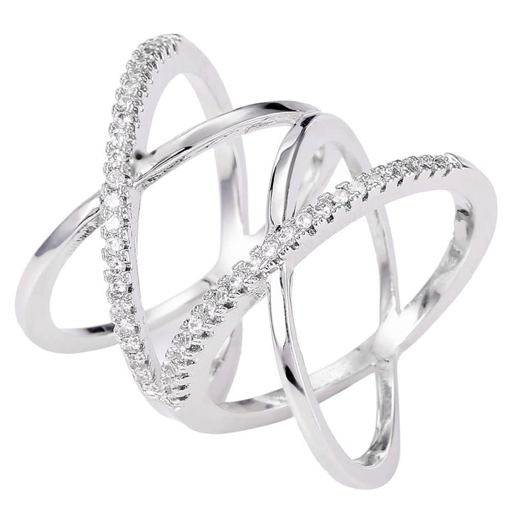 Rhodium Plated Crisscross Design Luxury Ring With CZ Stones Size 5 By Matashi Image 3