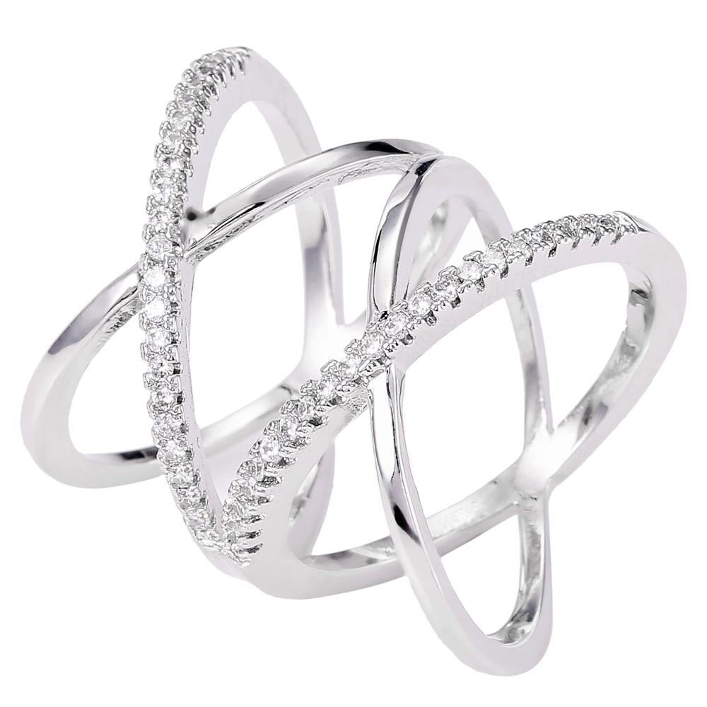 Rhodium Plated Crisscross Design Luxury Ring With CZ Stones Size 7 By Matashi Image 3