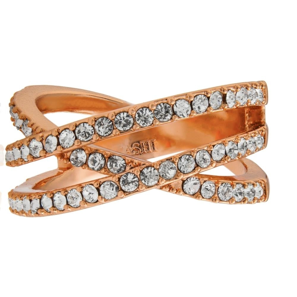 Rose Gold Plated Double Crossed Ring with Luxury Sparkling Crystals Pave Design by Matashi Size 6 Image 1