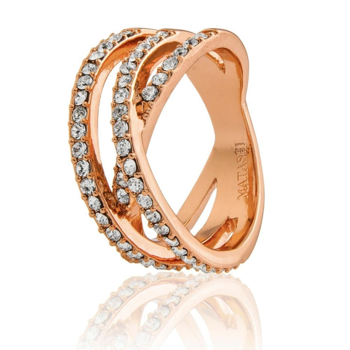 Rose Gold Plated Double Crossed Ring with Luxury Sparkling Crystals Pave Design by Matashi Size 5 Image 3
