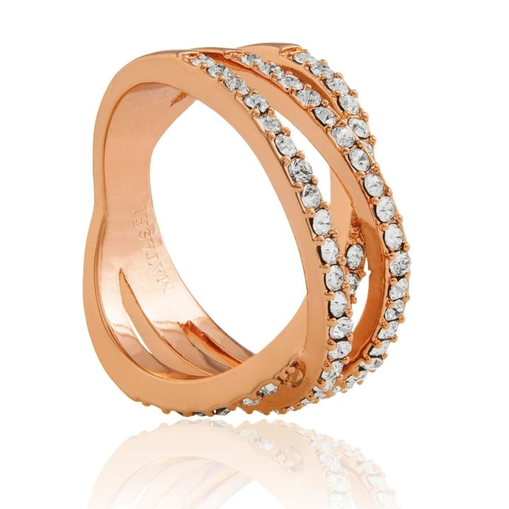 Rose Gold Plated Double Crossed Ring with Luxury Sparkling Crystals Pave Design by Matashi Size 5 Image 4