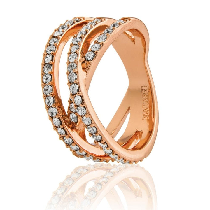 Rose Gold Plated Double Crossed Ring with Luxury Sparkling Crystals Pave Design by Matashi Size 6 Image 3