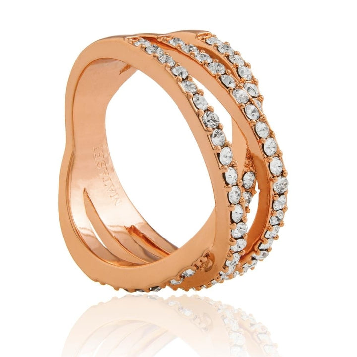 Rose Gold Plated Double Crossed Ring with Luxury Sparkling Crystals Pave Design by Matashi Size 6 Image 4