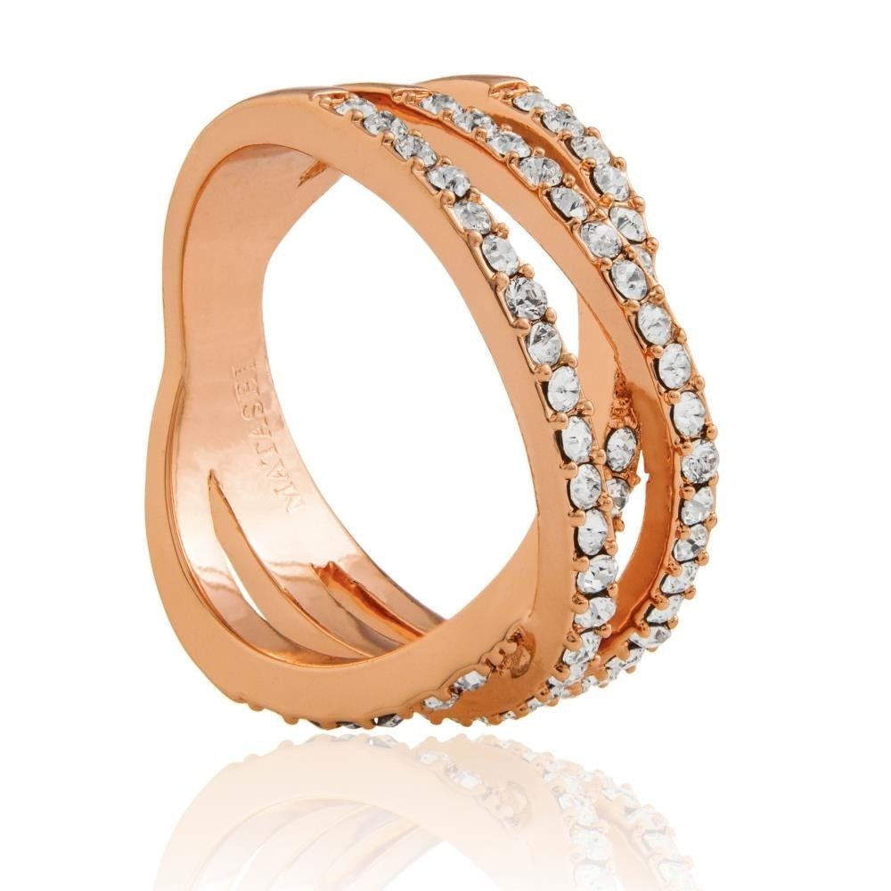Rose Gold Plated Double Crossed Ring with Luxury Sparkling Crystals Pave Design by Matashi Size 7 Image 4