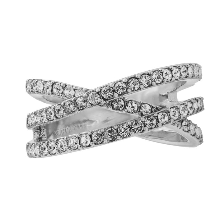 18k White Gold Plated Double Crossed Ring with Luxury Sparkling Crystals Pave Design by Matashi Size 6 Image 1