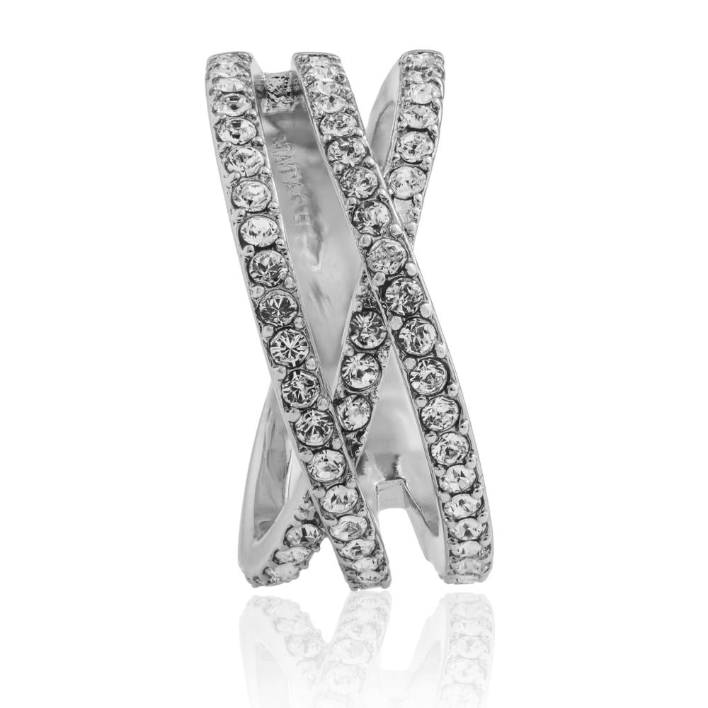 18k White Gold Plated Double Crossed Ring with Luxury Sparkling Crystals Pave Design by Matashi Size 6 Image 2