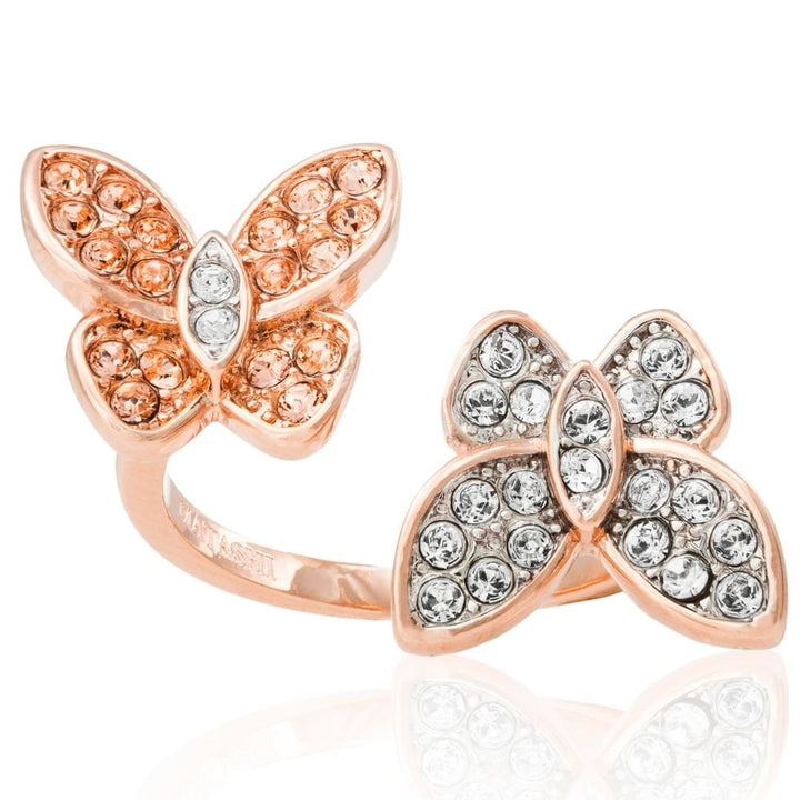 Rose Gold Plated Butterfly Motif Ring With Sparkling Clear And Rose Gold Colored Crystal Stones by Matashi size 7 Image 2