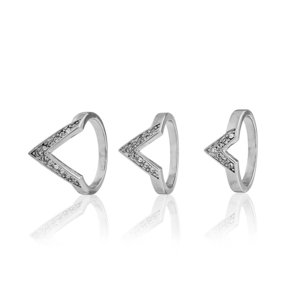 Set of 3 18k White Gold Plated Ring with Elegant Triple V Chevron Design with Sparkling Crystals by Matashi Size 7 Image 2