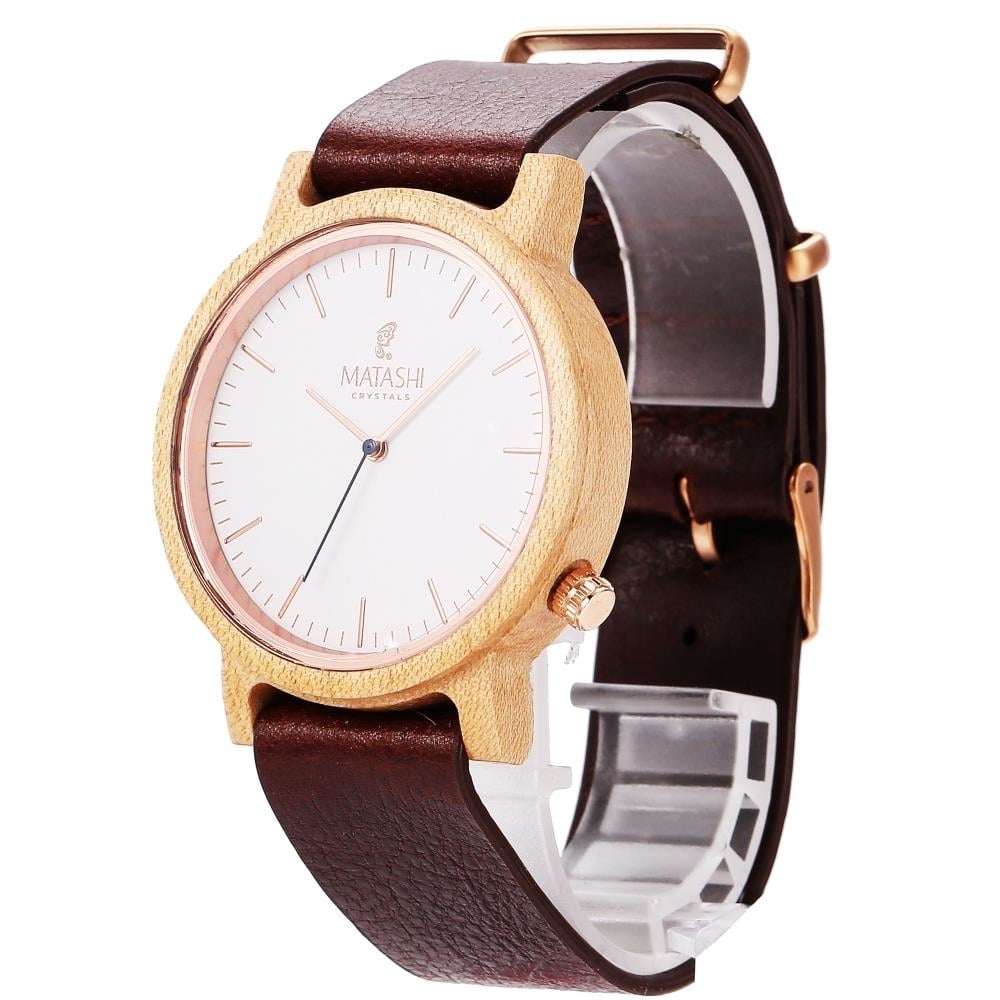 Matashi Mens and Womens Casual Wooden Wrist Watch with Brown Leather Strap 1ATM Water Resistant Business or Travel Swiss Image 3