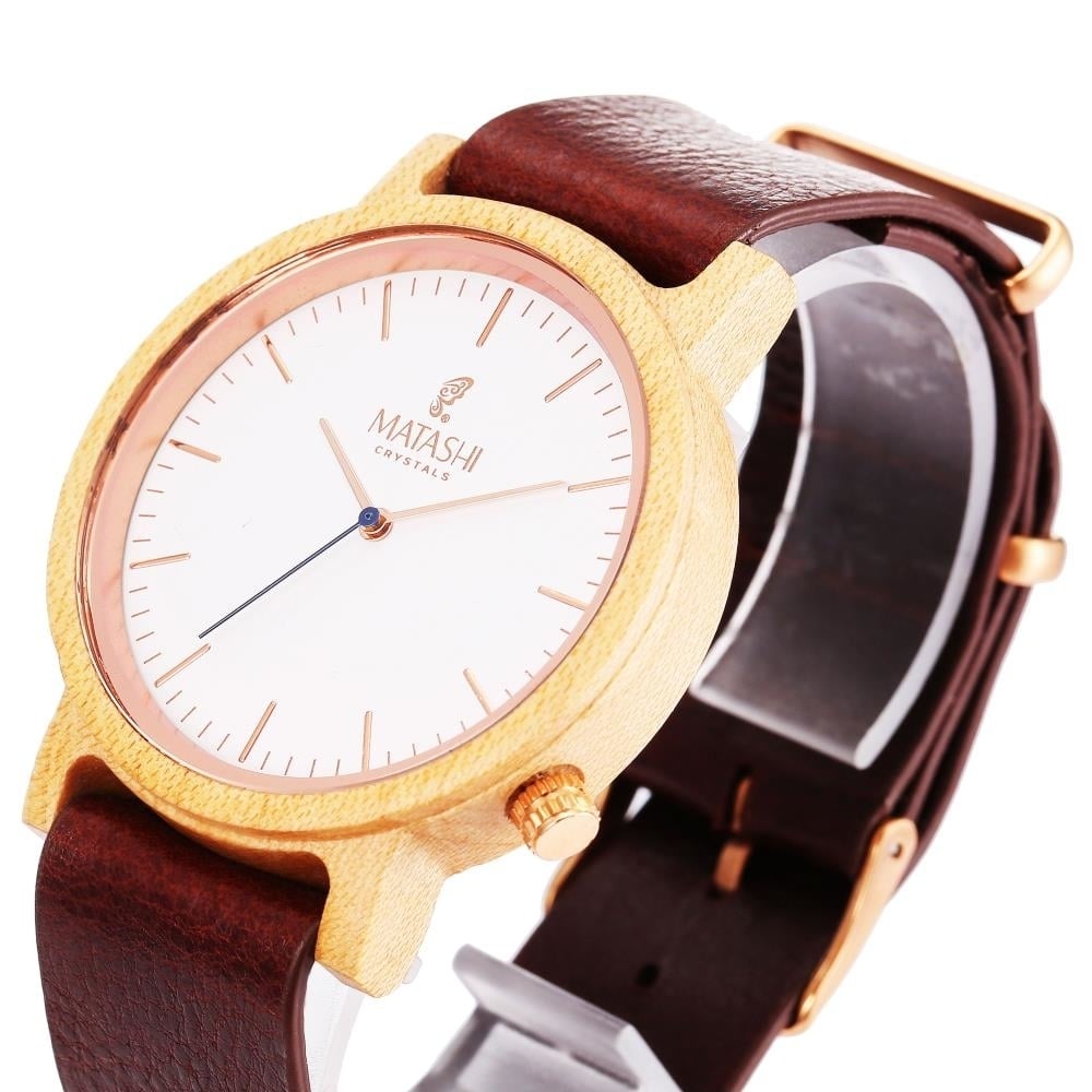 Matashi Mens and Womens Casual Wooden Wrist Watch with Brown Leather Strap 1ATM Water Resistant Business or Travel Swiss Image 4