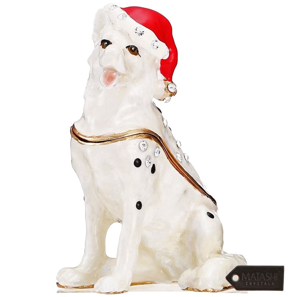 Hand-Painted Holiday Christmas Dog Trinket Box w/ Crystals Decorative Christmas Puppy Ornament w/ Stocking Cap Image 2