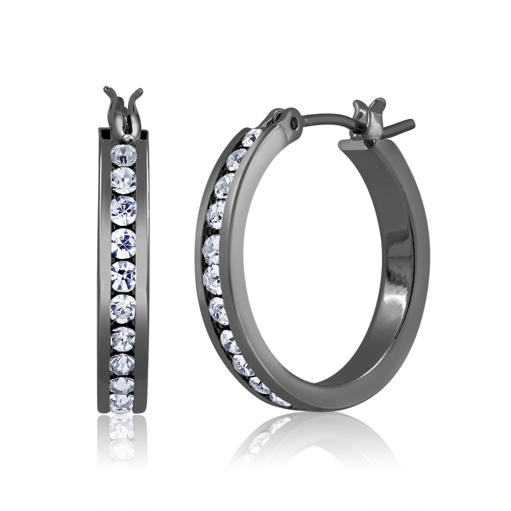 Black Cubic zirconia Round hoop Earrings Image 1