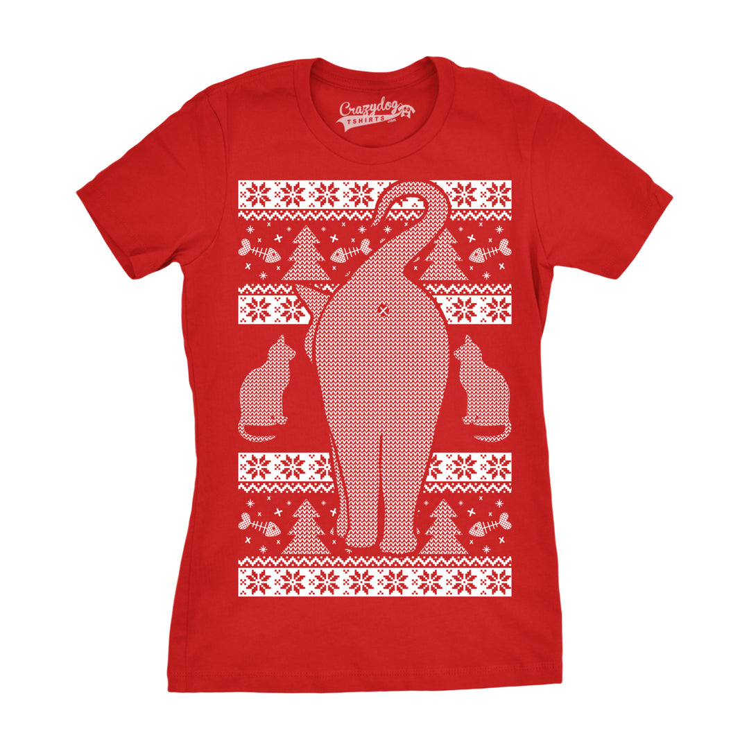 Womens Festive Cat Butt Ugly Christmas Sweater T Shirt Funny Holiday Party Tee Image 4