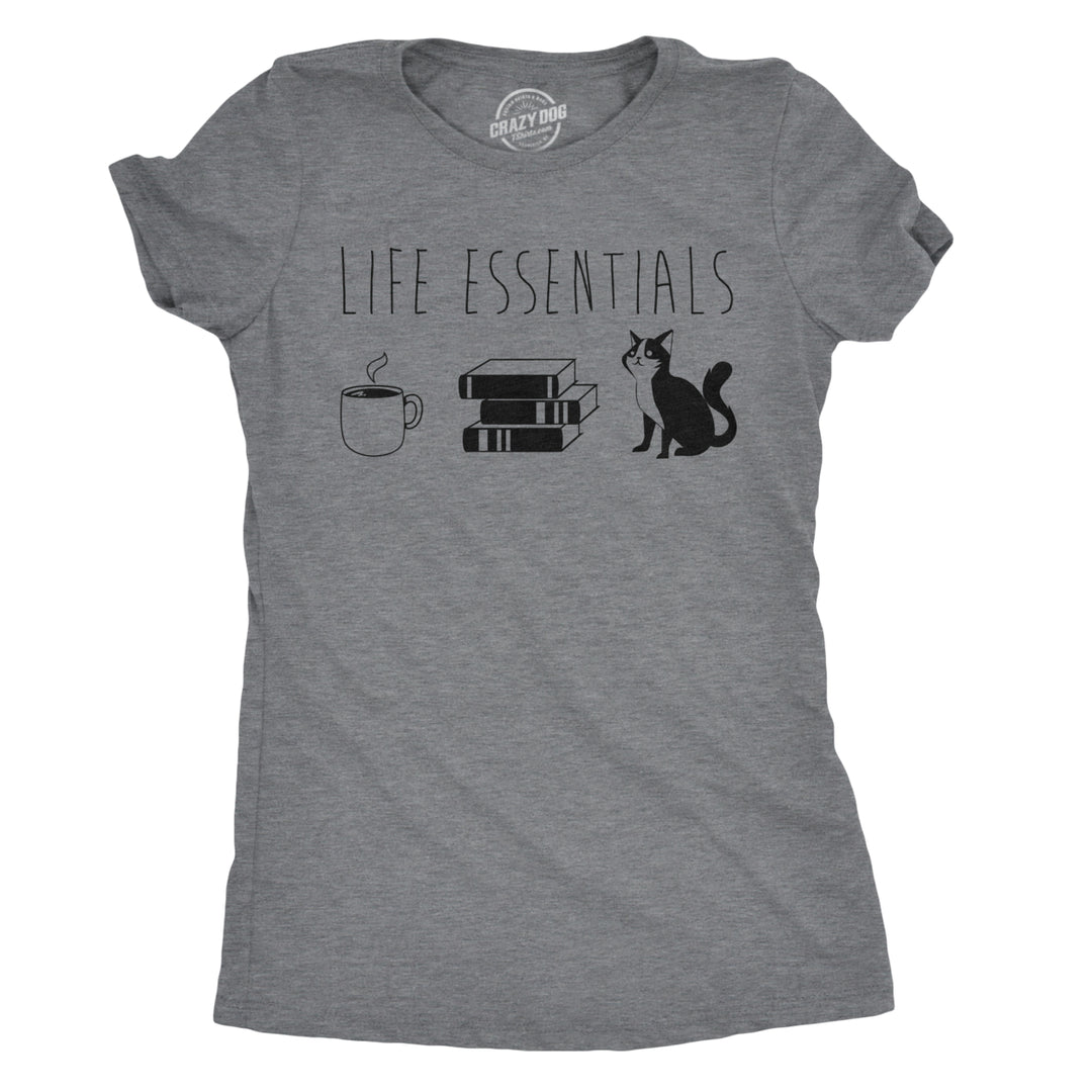 Womens Life Essentials T shirt Funny Coffee Cat Mom Lover Cute Graphic Ladies Image 1