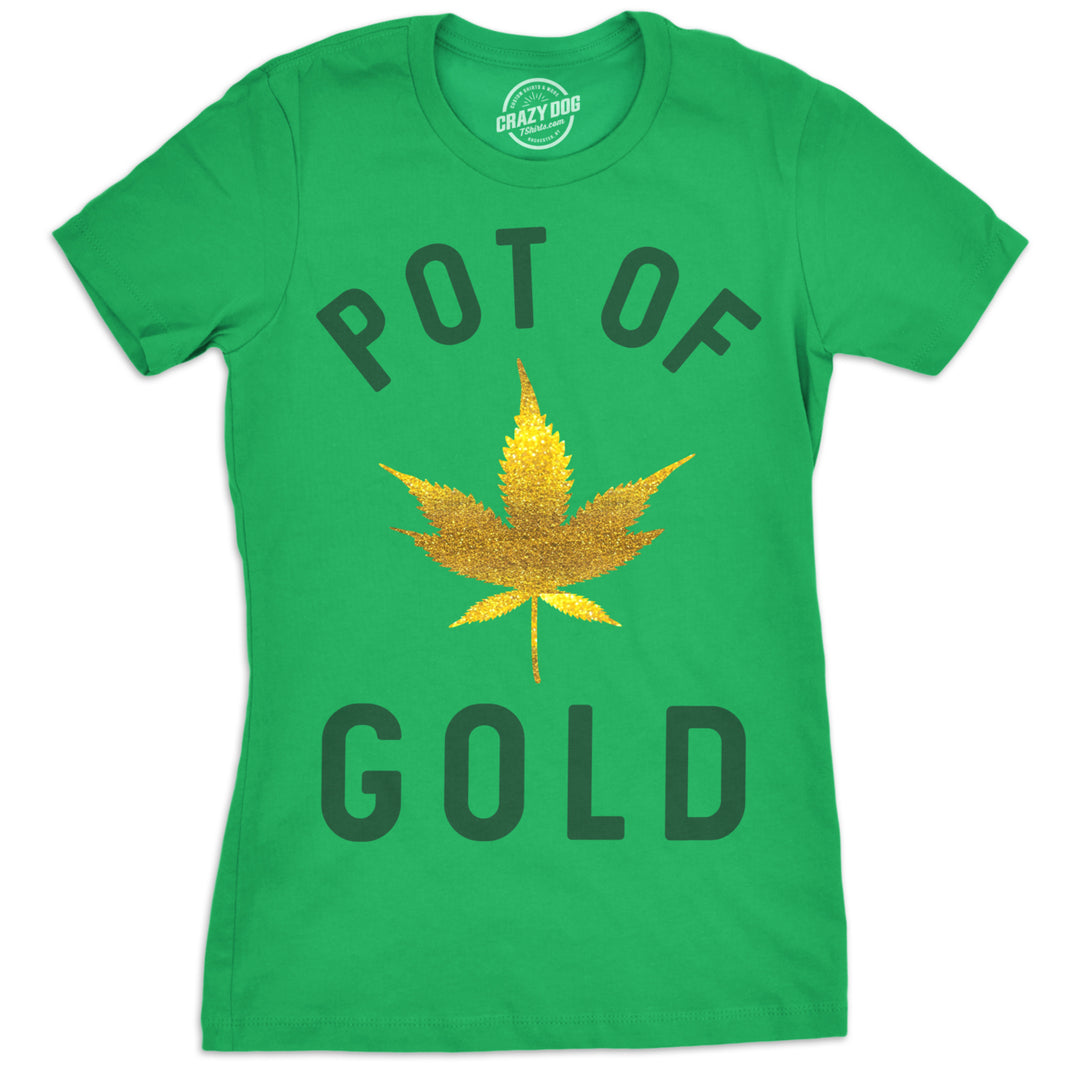 Womens Pot Of Gold Tshirt Glitter Marijuana Leaf St Patricks Day Tee For Ladies Image 1