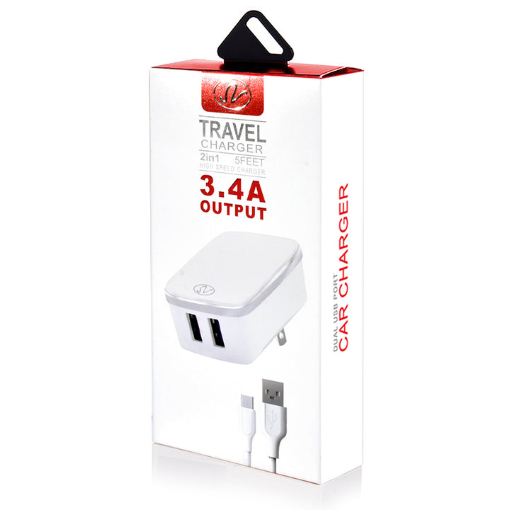 3.4A 2in1 Universal Dual USB Port Travel Wall Charger Adapter With Type-C USB Cable - White Image 6