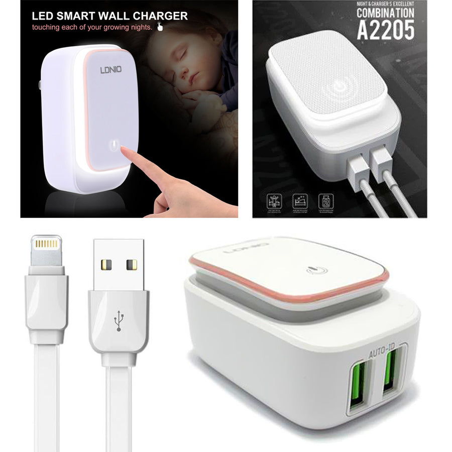 2.4A 2in1 Universal Dual USB Port LED Power Touch Night Lamp Travel Wall Charger Adapter W. Lightning Cable - White Image 1