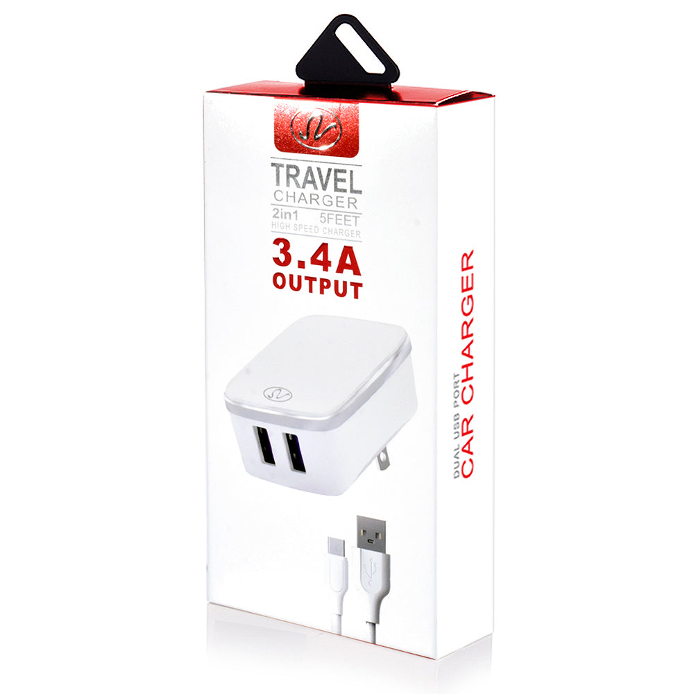 3.4A 2in1 Universal Dual USB Port Travel Wall Charger Adapter With Micro USB Cable - White Image 6