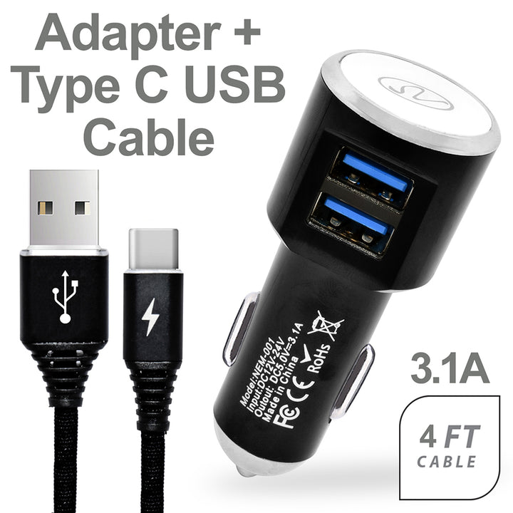 3.1A 2in1 Universal Dual USB Port Travel Car Charger With Type C USB Cable Image 1