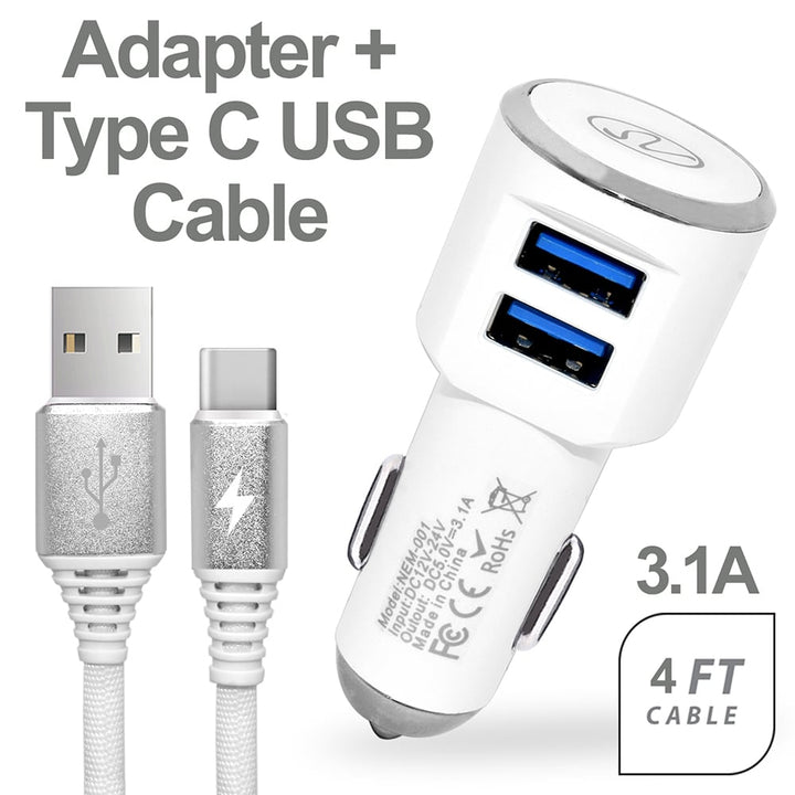 3.1A 2in1 Universal Dual USB Port Travel Car Charger With Type C USB Cable Image 1