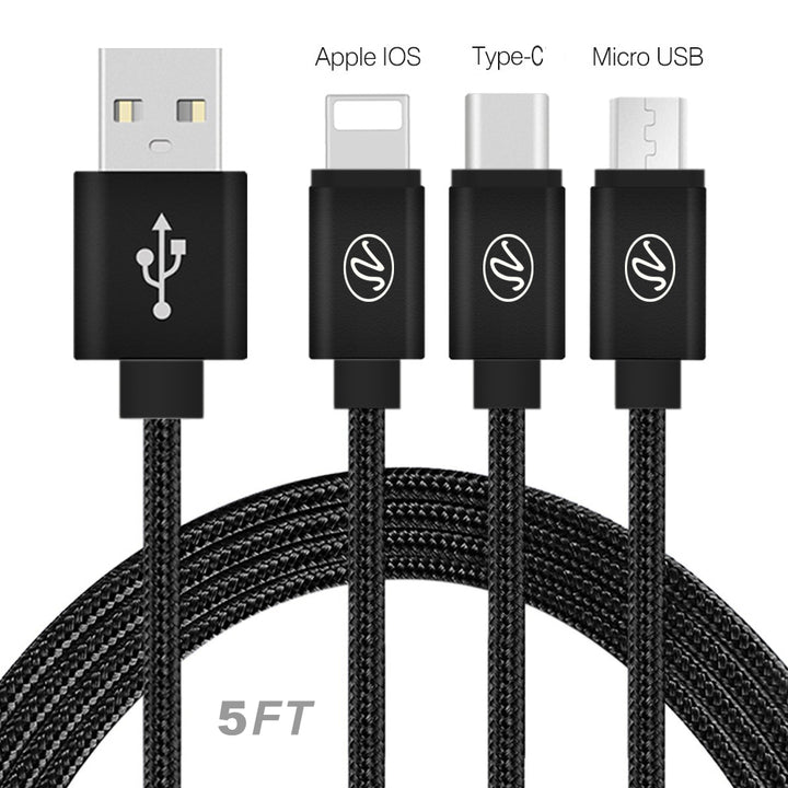 3in1 USB Braided Round Data Cable 5Ft Image 1