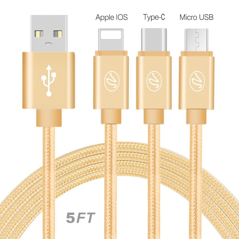 3in1 USB Braided Round Data Cable 5Ft Image 1