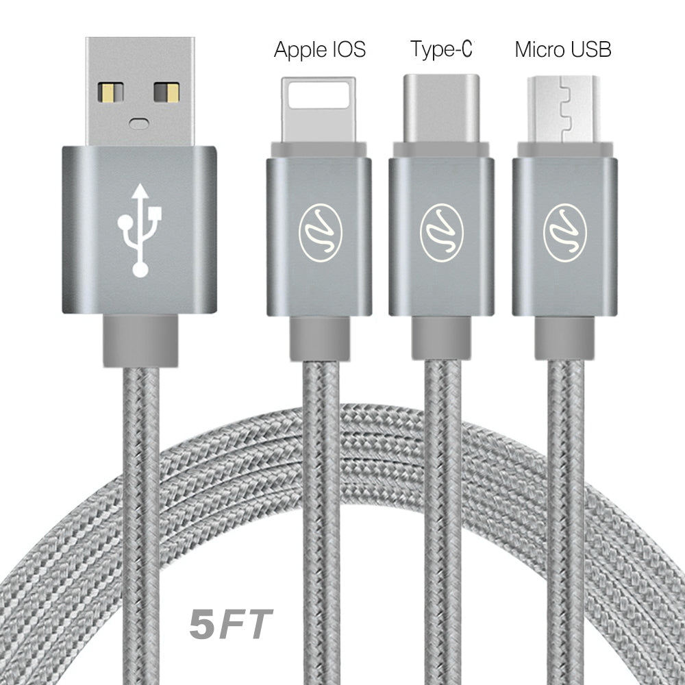 3in1 USB Braided Round Data Cable 5Ft Image 3