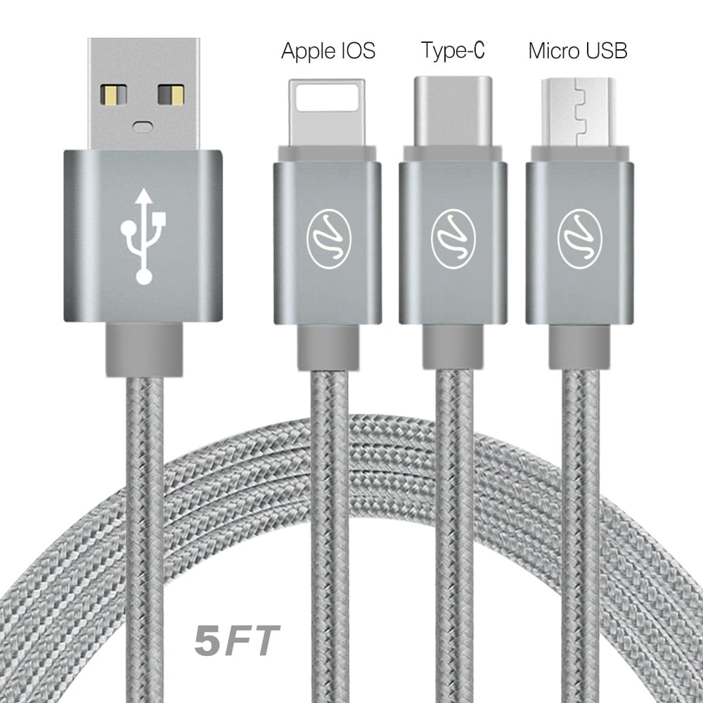 3in1 USB Braided Round Data Cable 5Ft Image 1